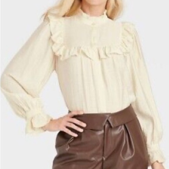 Who What Wear Tops - Who What Wear Bishop Ivory Long Sleeve Button Front Stand Collar Formal Blouse